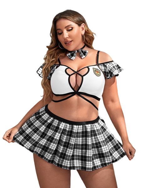 

plus 3pack tartan binding trim school girl costume set t6h2#, Black;white