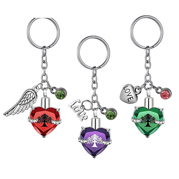 

customize engraving key ring heart with birthstone tree pattern pendant memorial jewelry keychain cremation urn for ashes keepsake gift, Slivery;golden