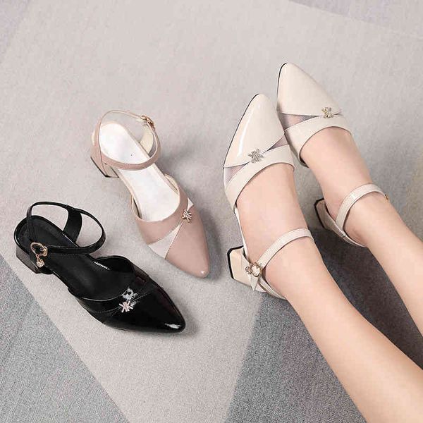 

sandals lacquered leather simple fairy style cowhide buckle sandals fashion middle heel baotou thick slim size 33 women's shoes gqf2, Black