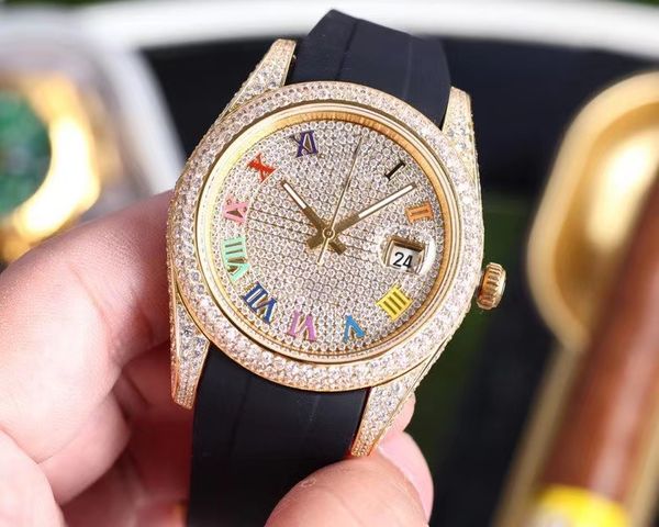 

iced out diamond watch men zircon watches 40mm date just automatic mechanical sweeping stainless steel waterproof, Slivery;brown