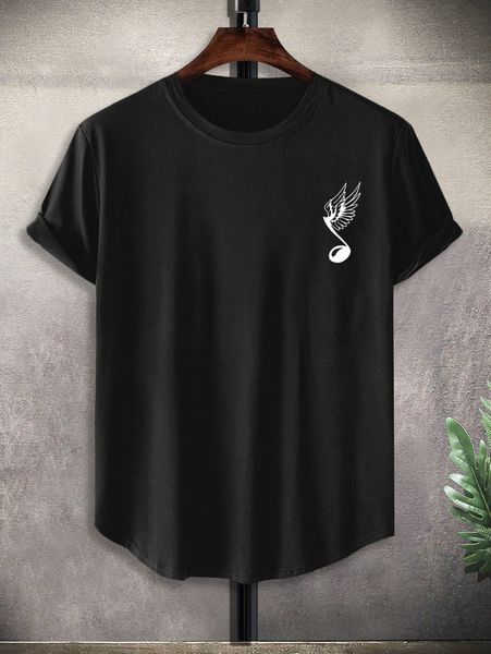 

men wings & music note print curved hem tee w8tj#, White;black