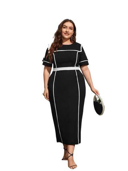 

plus contrast binding sailor collar dress m7fm#, Black