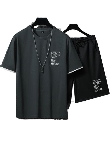 

men slogan graphic 2 in 1 tee & shorts w62y#, Gray