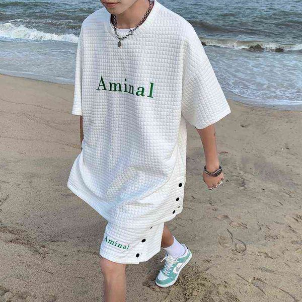 

casual sportswear is fashionable and versatile activity new waffle suit button print short sleeve t-shirt shorts 2 two piece boys, Gray