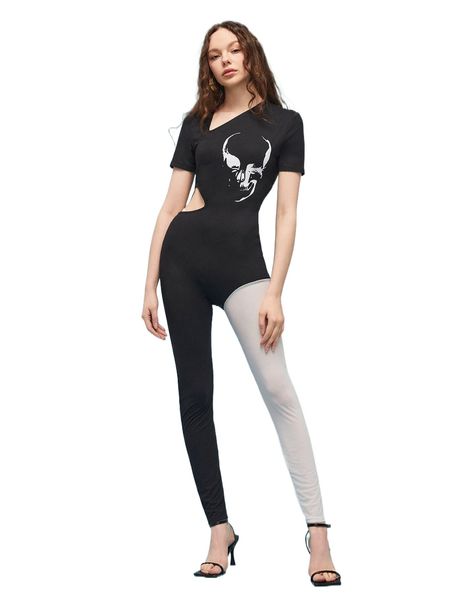 

x akromas skull print asymmetrical neck two tone cut out unitard jumpsuit 78qs#, Black;white