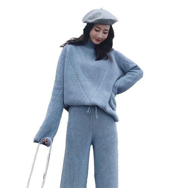 

knitted suits women 2 pieces pant sets autumn winter solid warm sweater and wide leg pant suits outfits y200110, White
