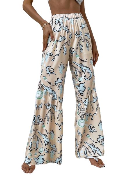 

floral & paisley print wide leg pants i3ce#, Black;white
