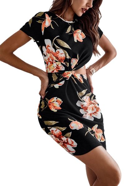 

floral print cut out twist front dress m5iq#, Black;gray