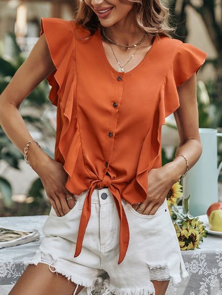 

ruffle trim button front knot hem blouse t1yd#, White