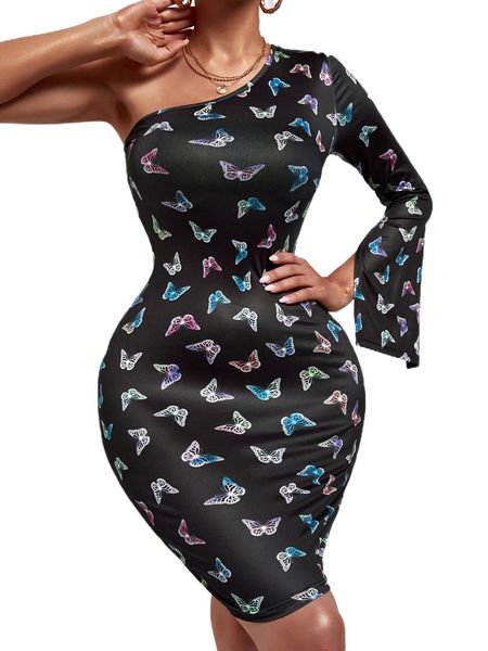 

butterfly print one shoulder split cuff bodycon dress 45me#, Black;gray
