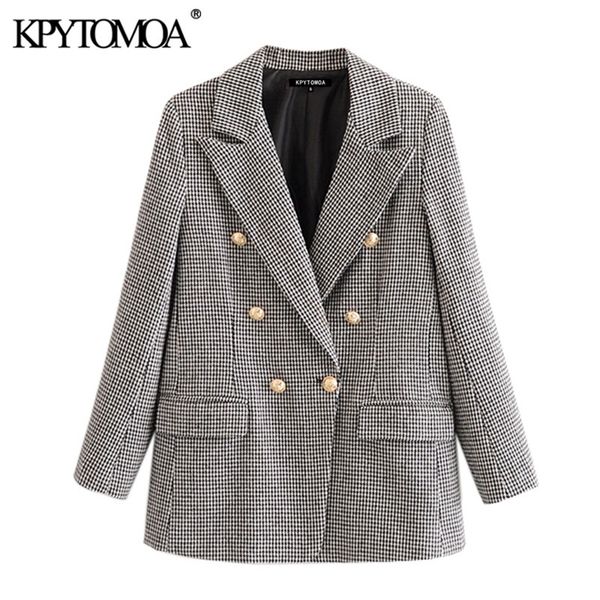 

kpytomoa women 2020 fashion double breasted houndstooth blazer coat vintage long sleeve office wear female outerwear chic lj201021, White;black