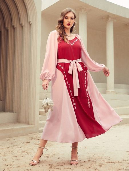 

plus two tone floral embroidery lantern sleeve belted dress w3uy#, Black
