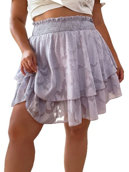 

plus jacquard frilled shirred waist layered hem skirt l51r#, Black