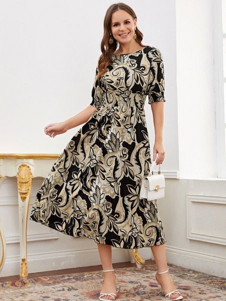 

floral print shirred puff sleeve dress y4ds#, Black;gray