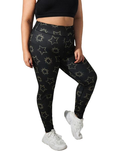 

plus star print wideband waist sports leggings 56sf#, Black