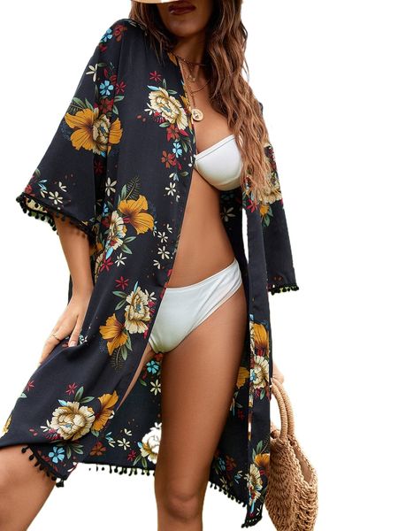 

floral print pompom decor open front kimono 31ed#, White;black