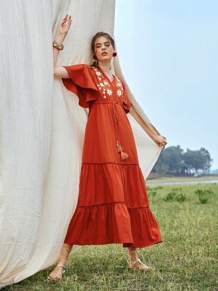 

floral embroidery butterfly sleeve tassel drawstring dress g35c#, Black;gray