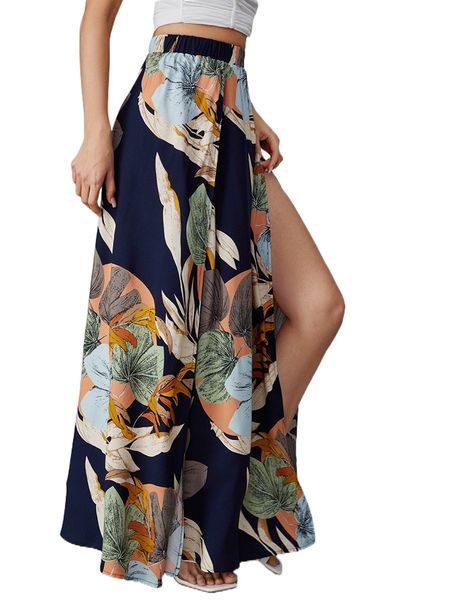

high waist tropical print split thigh skirt u6jp#, Black