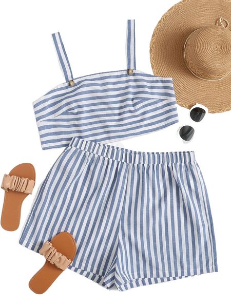 

plus striped cami & shorts k8hf#, Black