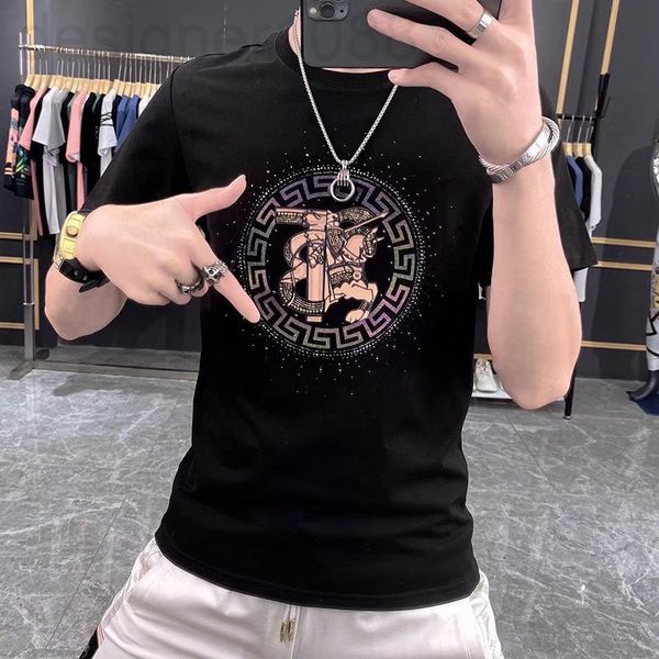 

men's t-shirts designer european men's fashion brand diamond pink t-shirt summer 2022 mercerized cotton slim round neck short slee, White;black