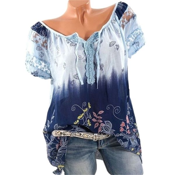 

fashion 5xl plus size womens blouses summer leisure blouse loose flower print v neck lace short sleeve shirts y200622, White