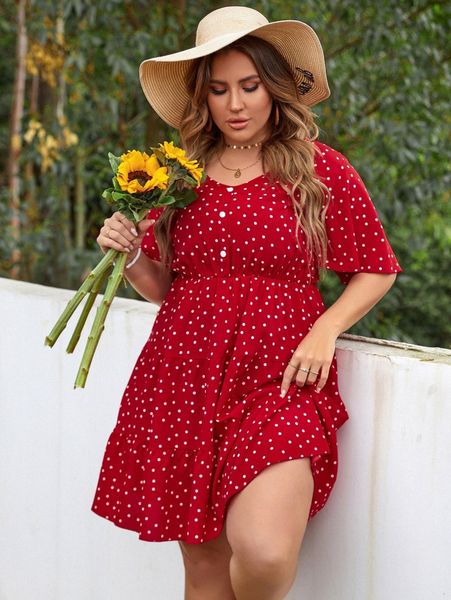 

plus polka dot fake button flutter sleeve ruffle hem dress z9yu#, Black