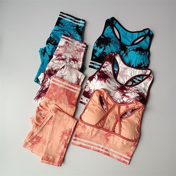 

tie dye fitness outfit yoga suits 2 piece high waist stretch leggings seamless padded bra workout sports wear gym set 220330, Gray