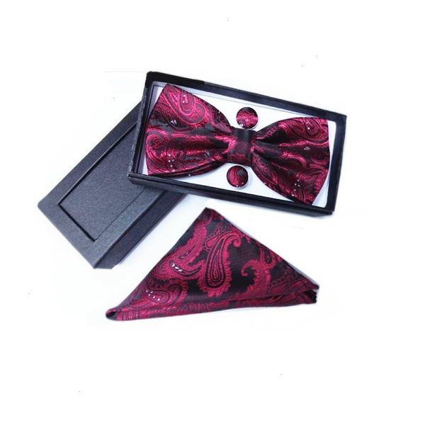 Men Bow Tie Box Set Presentes de casamento para os convidados 100 Gold de seda Jacquard rosa preto vermelho lenço de lenço