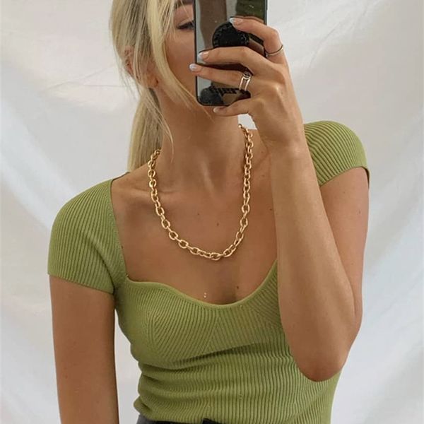 Aproms Green Square Neck Ribbed Gestrickte T-shirt Frauen Sexy Einfarbig Hohe Strench T-shirt Coole Mädchen Street Style Crop Top 220728