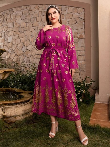 

plus golden floral print belted dress l7te#, Black