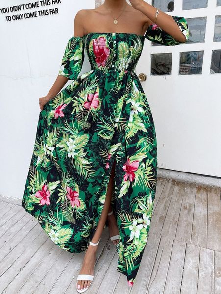 

tropical print off shoulder shirred bodice split thigh dress i6xp#, Black;gray