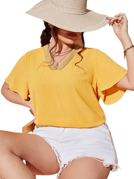 

plus v neck butterfly sleeve blouse c63k#, Black