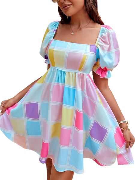 

plaid square neck puff sleeve dress o37v#, Black;gray