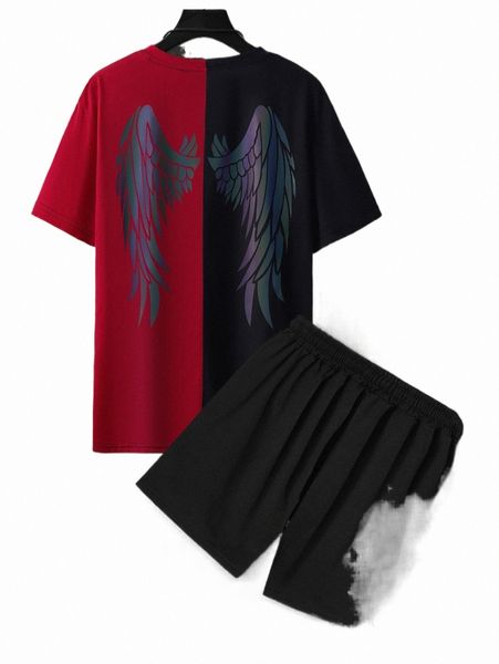 

men reflective wing print two tone tee & drawstring waist shorts 44qx#, Gray