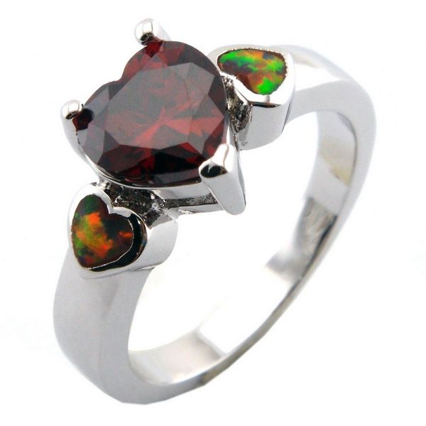 

fashion fire red opal ring; garnet zircon stone jewelry ring heart design, Golden;silver