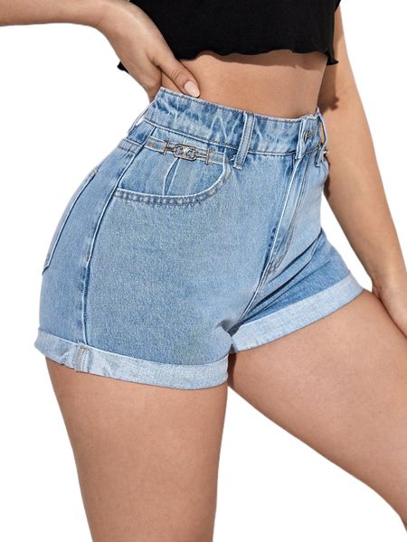 

high waist roll up hem denim shorts x05b#, White;black