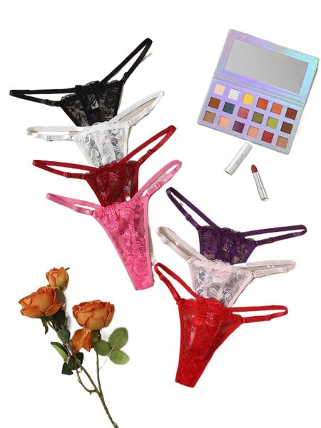 

7pack floral lace thong x11k#, Black;red