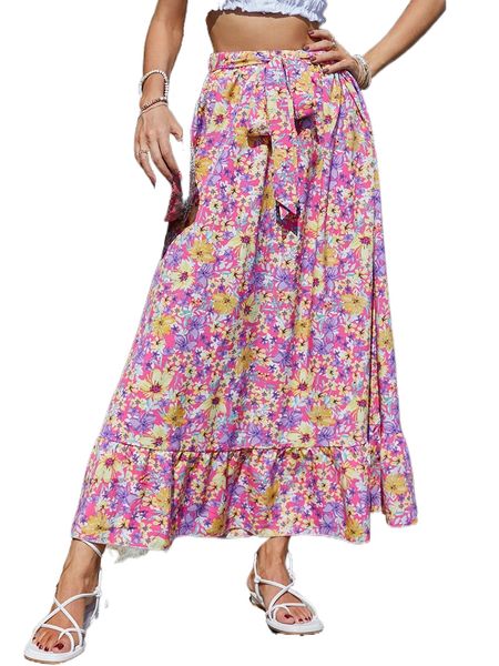 

tie front allover floral print skirt d7np#, Black