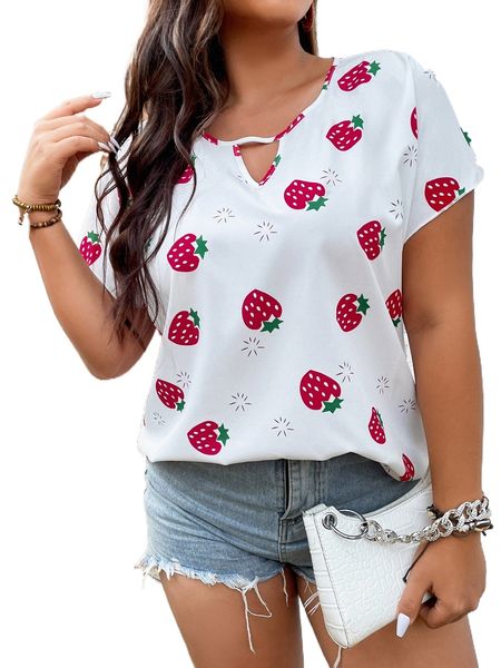 

plus strawberry print keyhole neck batwing sleeve blouse q6og#, Black
