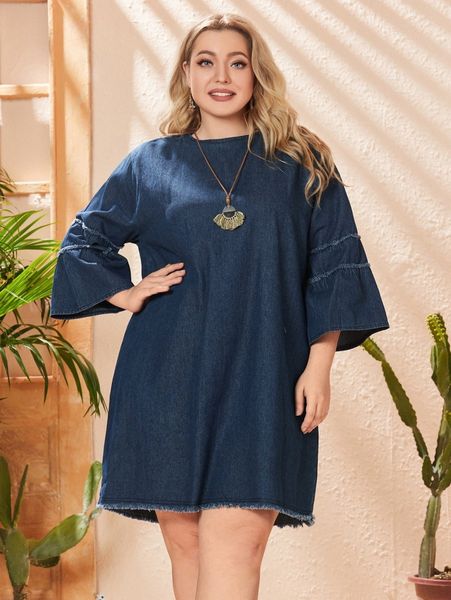 

plus raw trim flounce sleeve denim dress s2dd#, Black