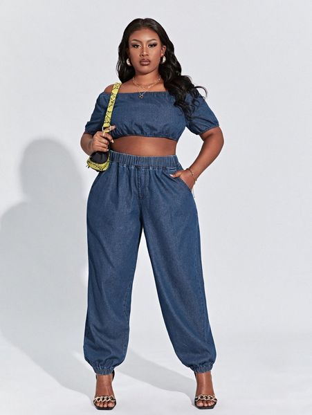 

sxy plus off shoulder crop denim & high waist jogger jeans h175#, White