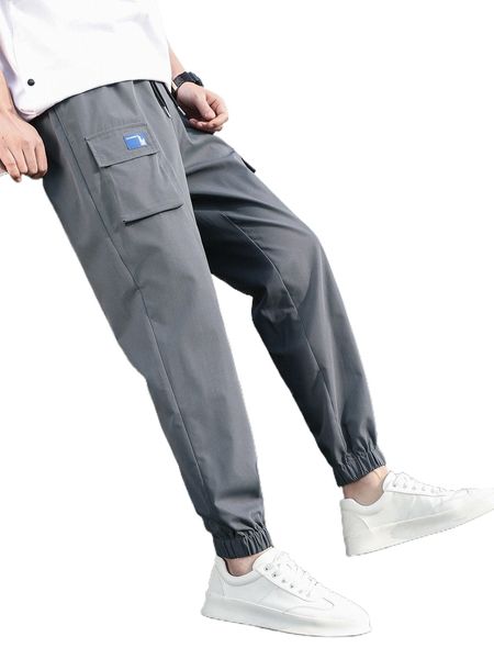 

men letter patched flap pocket drawstring cargo pants g3pq#, Black