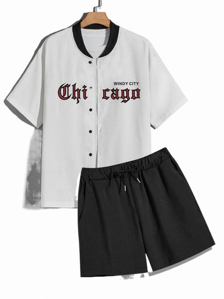 

men letter graphic baseball collar shirt & drawstring waist shorts without tee 78cg#, Gray