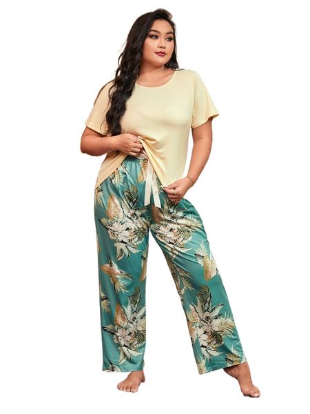 

plus floral print tie front pj set 28sh#, Black;white