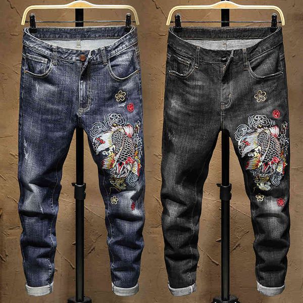 

men's jeans autumn and winter china fashion brand color carp embroidered jeans men's slim little feet long pants hh52, Blue