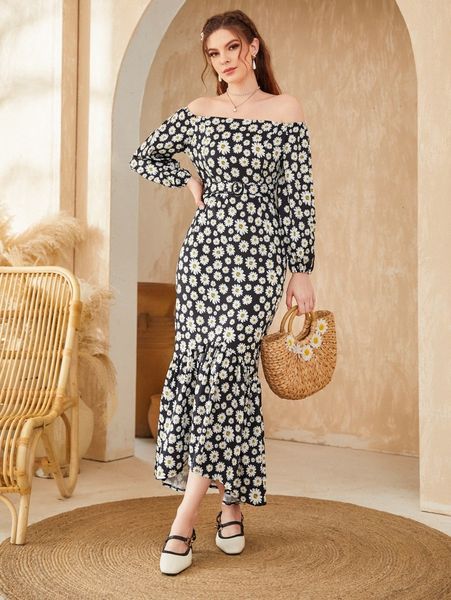 

floral print off shoulder lantern sleeve mermaid hem belted dress d5rp#, Black;gray