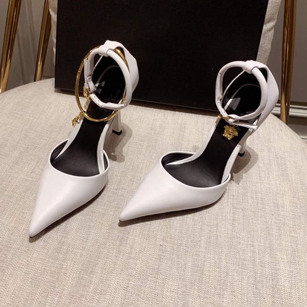 

women latest high-heeled sandals version cowhide surface with painted thin heels and pointed high heels, Black