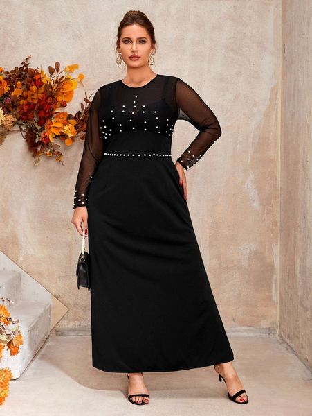 

plus pearl beaded contrast mesh dress k4qx#, Black