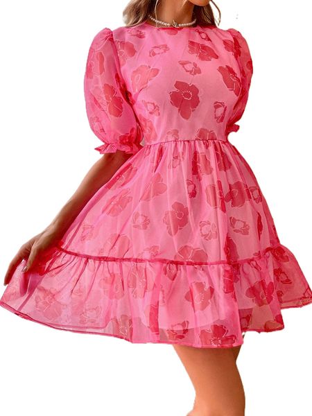 

puff sleeve ruffle hem floral organza dress k6kc#, Black;gray