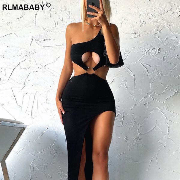 

summer women one shoulder hollow out backless sleeveless night club mid-calf bodycon dress elegant high split long dress, Black;gray